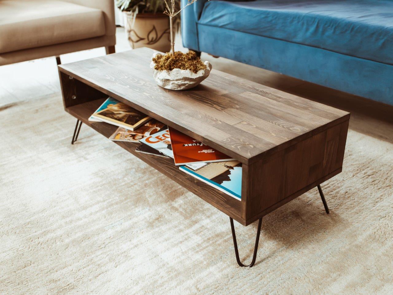 Mid Century Modern Walnut Coffee Table with Stainless Steel Hairpin Legs.