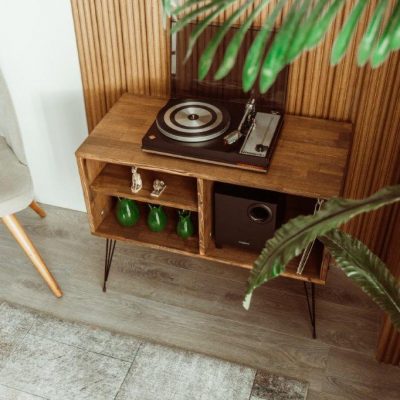 Berlin Vinyl Record Player Stand with Storage Mid Century Turntable Stand.